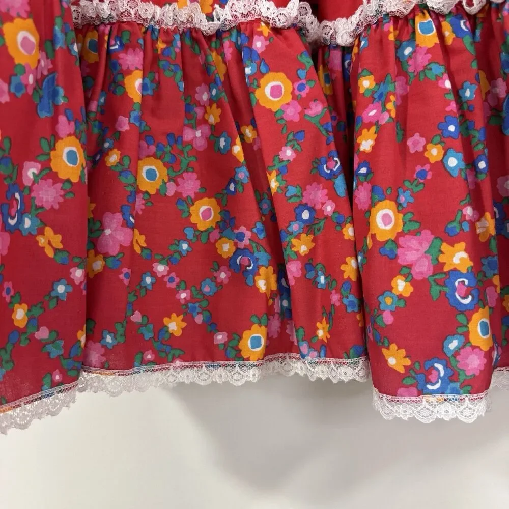 Malco Modes Ruffle Skirt Red Floral Med USA Boho Prairie Cottagecore Festival